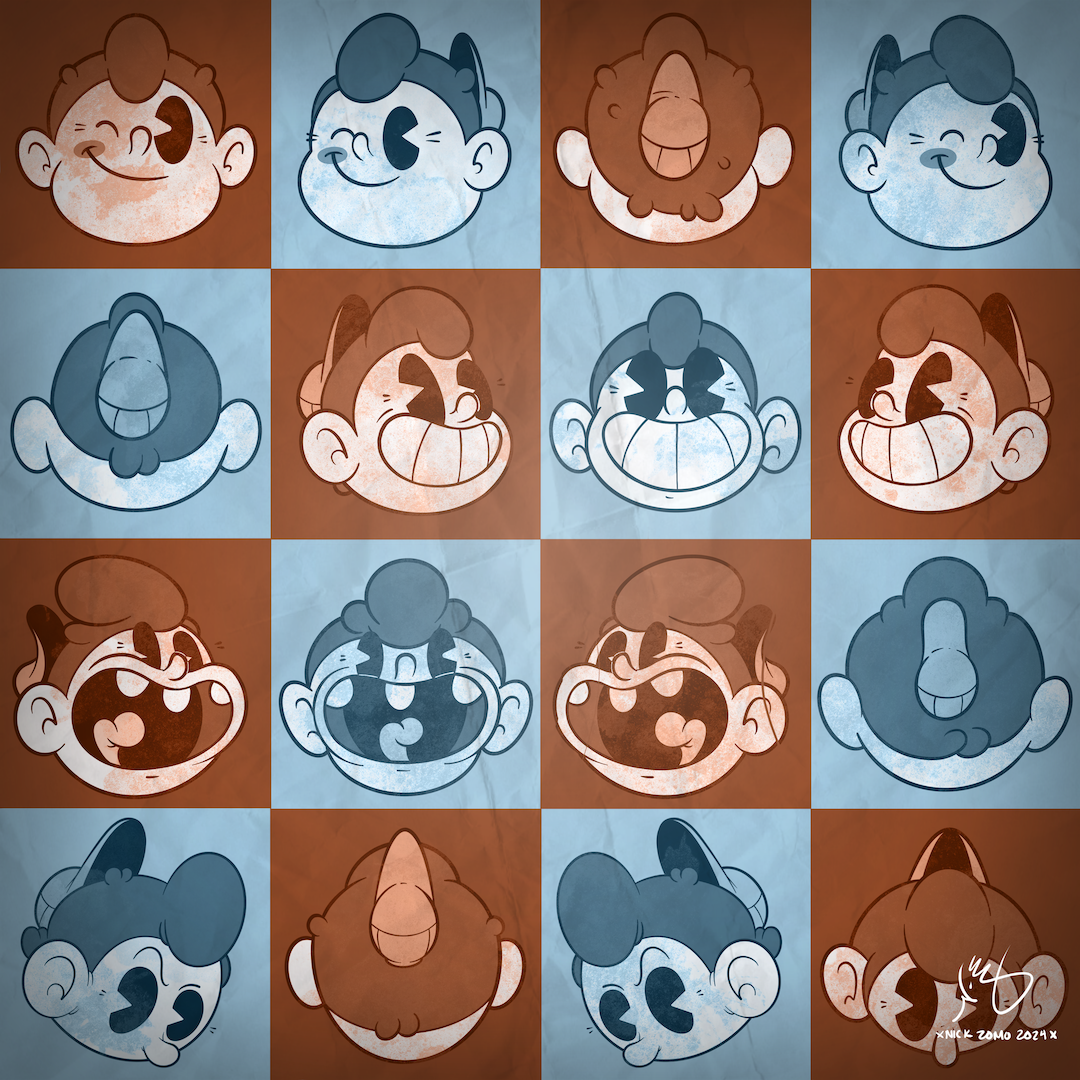Moods in Motion cover: sixteen illustrated Staying Home faces, each with a different expression