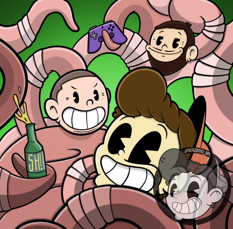 The Staying Home character among pink worms and bright green leaves