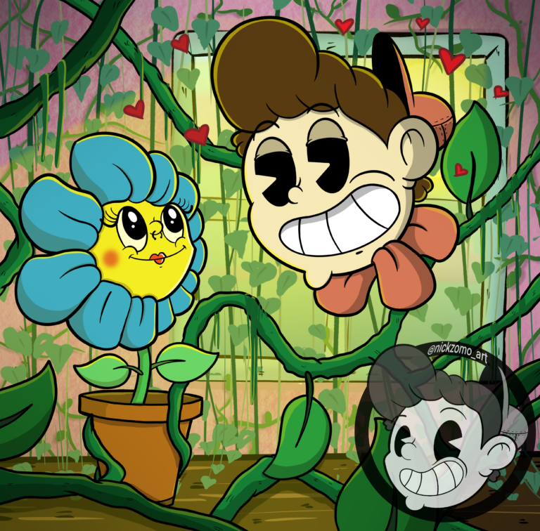 The Staying Home character in a colorful flower world