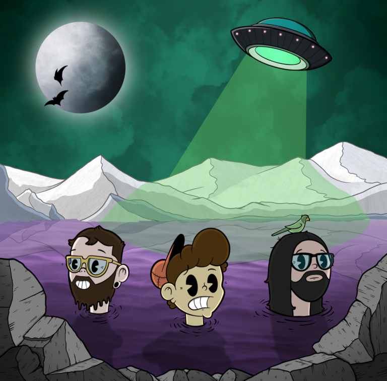 Staying Home characters exploring a mysterious landscape beneath a moon and flying saucer
